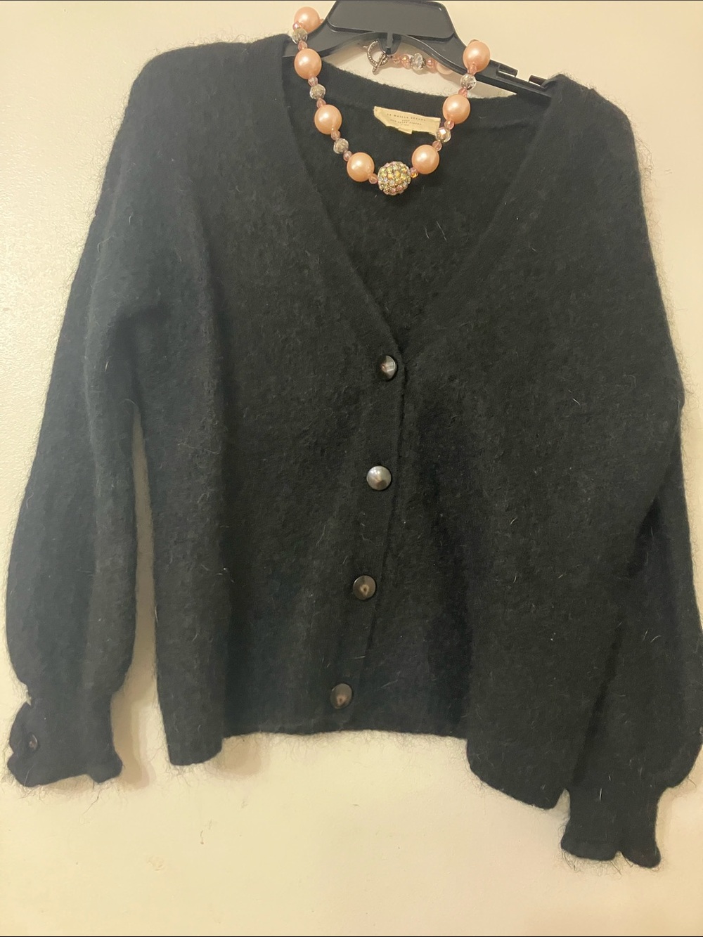 Sezane Black Mohair V-Neck Button Cardigan